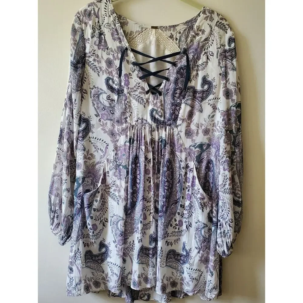 Free People Rain Or Shine Lace Up Mini Dress Ivory Paisley Womens XS - Picture 6 of 15